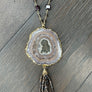 Smokey Quartz & Garnet Necklace with Stalactite Slice Pendent - gold tone
