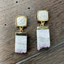 Gemstone post and amethyst slice drop earrings - gold