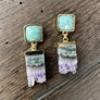 Gemstone post and amethyst slice drop earrings - gold