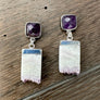 Gemstone post and amethyst slice drop earrings - silver