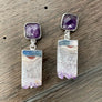Gemstone post and amethyst slice drop earrings - silver