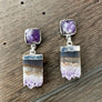 Gemstone post and amethyst slice drop earrings - silver