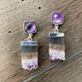 Gemstone post and amethyst slice drop earrings - silver