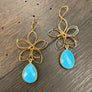 Gemstone drop 3d wire flower earrings - gold