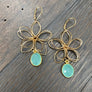 Gemstone drop 3d wire flower earrings - gold