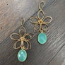 Gemstone drop 3d wire flower earrings - gold