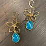Gemstone drop 3d wire flower earrings - gold