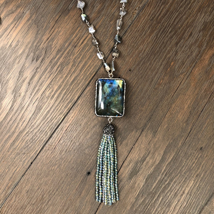 Labradorite cushion tassel necklace