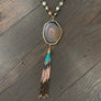 Agate slice on agate beaded chain with seed bead tassel - gold