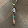 Agate slice on agate beaded chain with seed bead tassel - gold