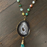 Agate slice on agate beaded chain with seed bead tassel - gold