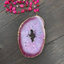 XL agate slice pendant on pink quartz chain - gold