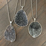 Large charcoal druzy drop necklace - antique silver