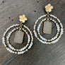 Peach beaded double hoop earring with druzy drops - gold tone