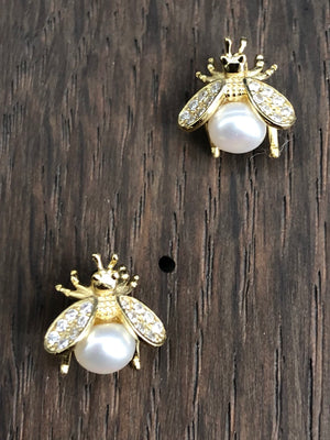 Baby bee stud earrings with faux pearl belly