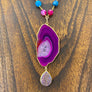 Multi agate beaded necklace with agate and druzy drop - gold
