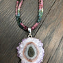 Watermelon tourmaline and amethyst stalactite slice necklace