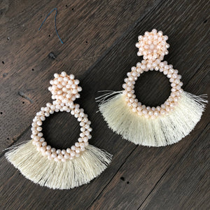 Seed bead and tassel statement earring