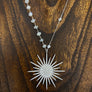 Rainbow moonstone, bezel cz and pavé cz sunburst necklace
