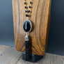 Black onyx and black spinel crystal tassel necklace - silver