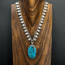 Beaded metal large turquoise statement necklace - silver tone