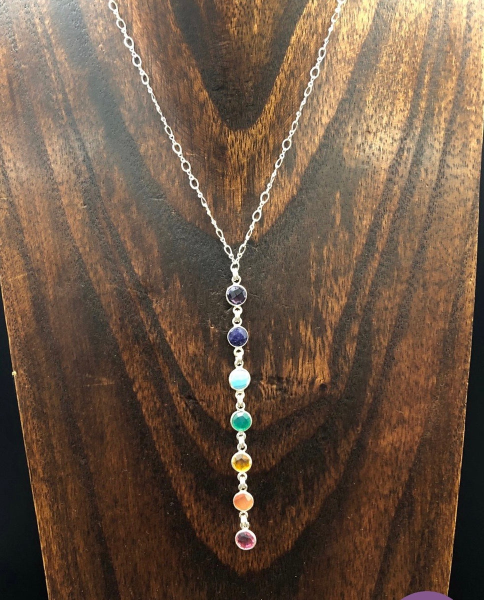PREORDER - Dainty seven chakra stone lariat necklace - silver and