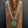 Large ten stone turquoise beaded, stamped necklace - silver tone