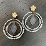 Peach beaded double hoop earring with druzy drops - gold tone
