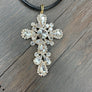 Rhinestone cross pendant on leather cord - silver, gold