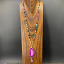 Multi agate beaded necklace with agate and druzy drop - gold