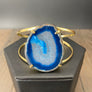 Dark denim blue agate slice cuff bracelet - gold