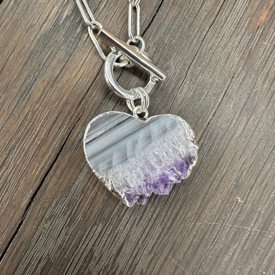 Amethyst slice reversible wrap and toggle necklace - silver tone