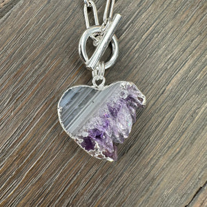 Amethyst slice reversible wrap and toggle necklace - silver tone