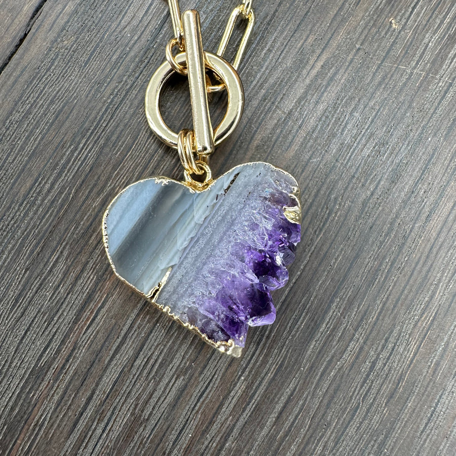 Amethyst slice wrap and toggle necklace - gold tone