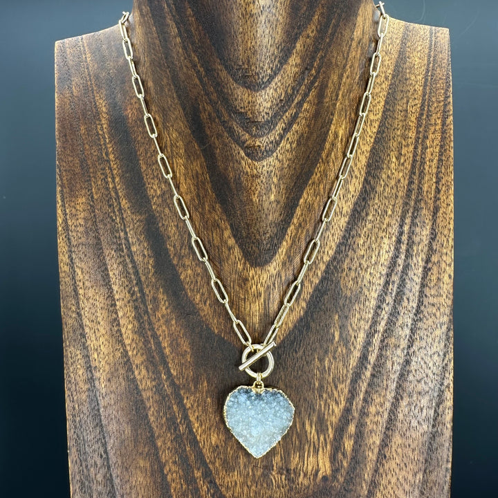 Druzy heart “wrap & toggle” necklace - gold tone