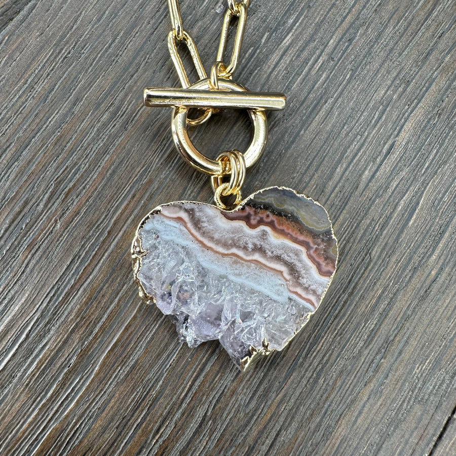 Amethyst slice wrap and toggle necklace - gold tone