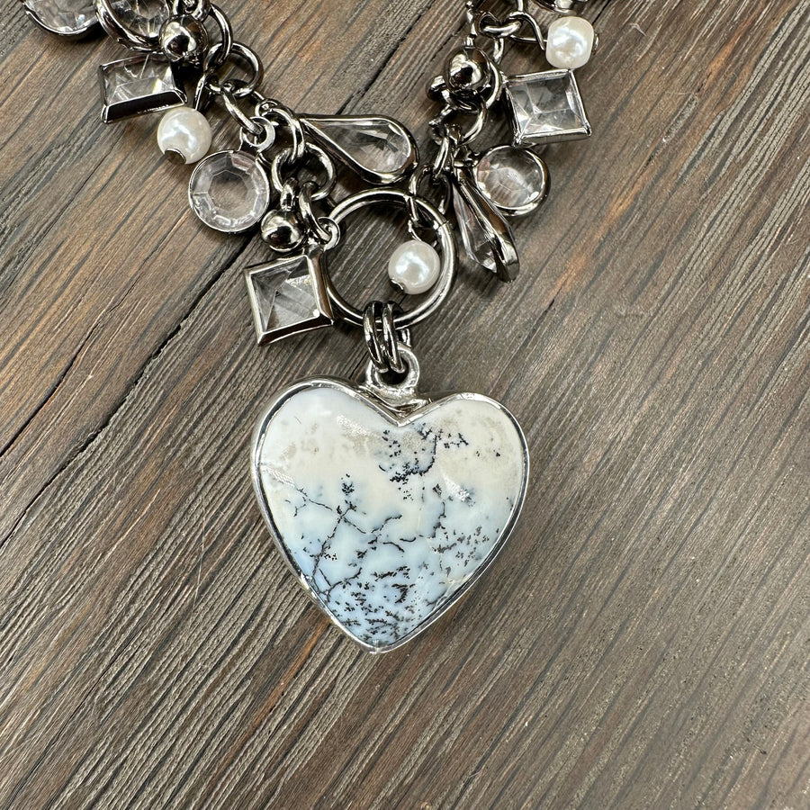 Dendritic opal heart charm necklace - gunmetal