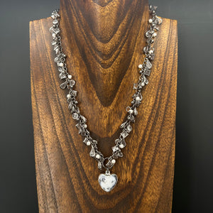 Dendritic opal heart charm necklace - gunmetal