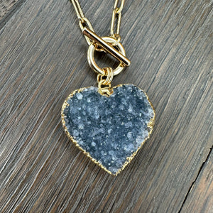 Druzy heart “wrap & toggle” necklace - silver, gold tone