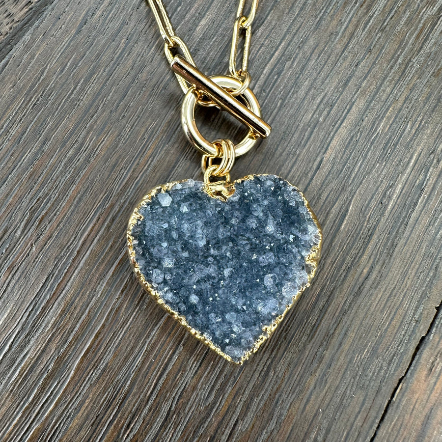 Druzy heart “wrap & toggle” necklace - silver, gold tone