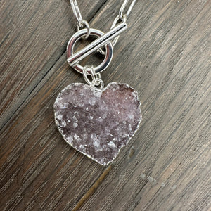 Druzy heart “wrap & toggle” necklace - silver, gold tone