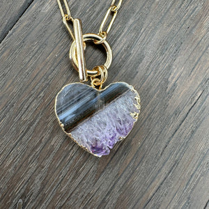 Amethyst slice wrap and toggle necklace - gold tone