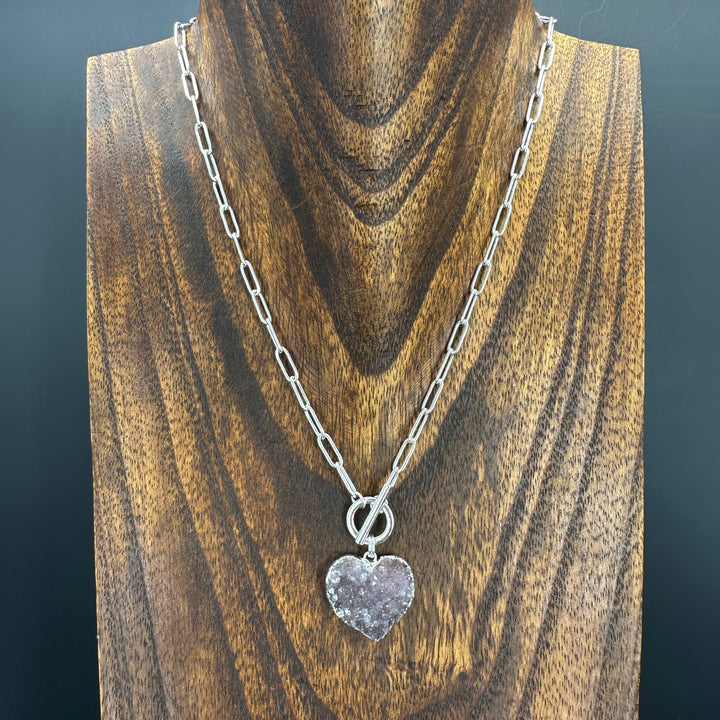 Druzy heart “wrap & toggle” necklace - silver, gold tone