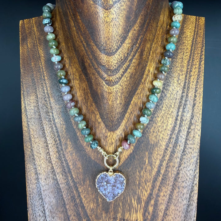 Hand-knotted fancy jasper necklace with druzy - gold