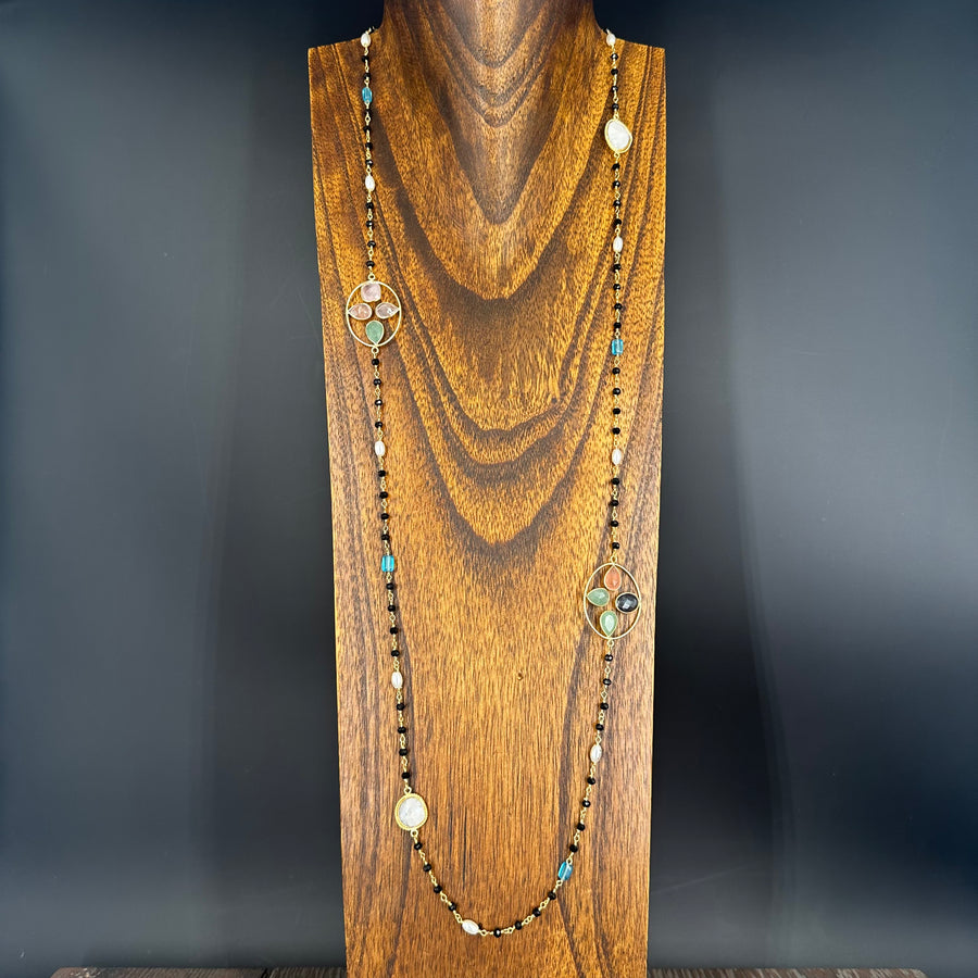 Long beaded necklace with multi gemstone accents - gold