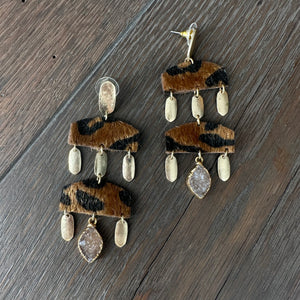 Faux pony hair leopard geometric earrings with druzy - gold