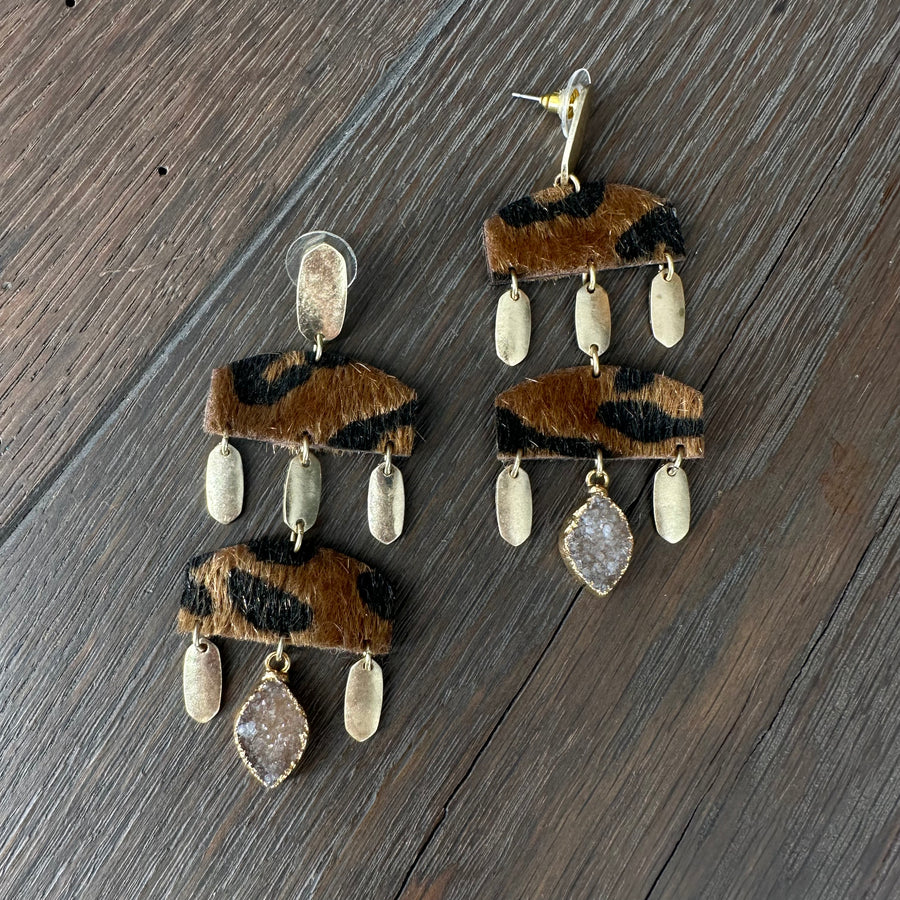 Faux pony hair leopard geometric earrings with druzy - gold