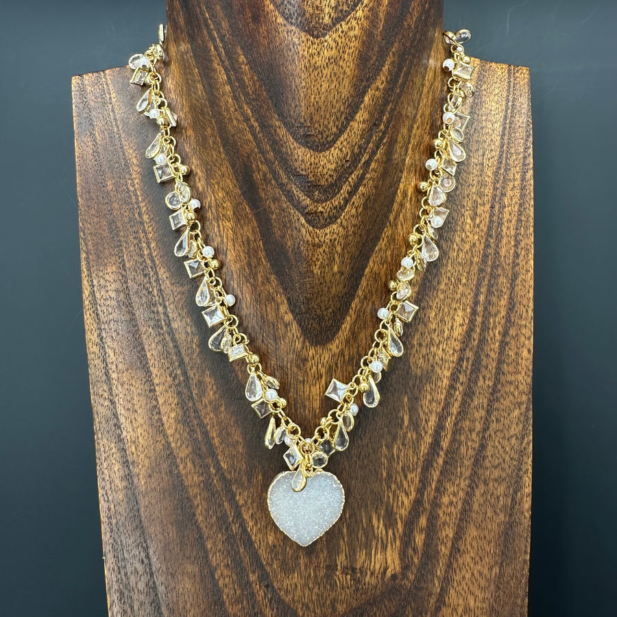 Sparkly Druzy heart charm style necklace - gold