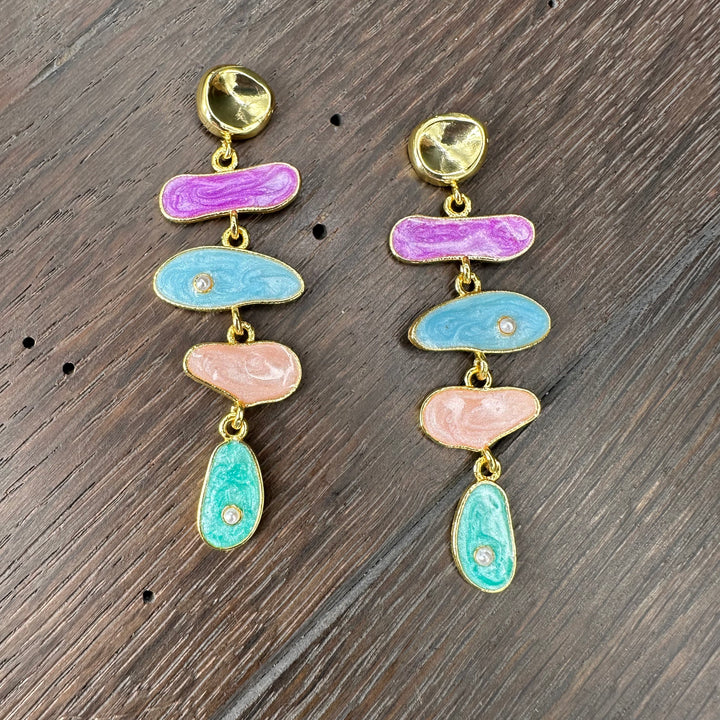 Colorful resin and faux pearl “mobile” statement earrings - gold