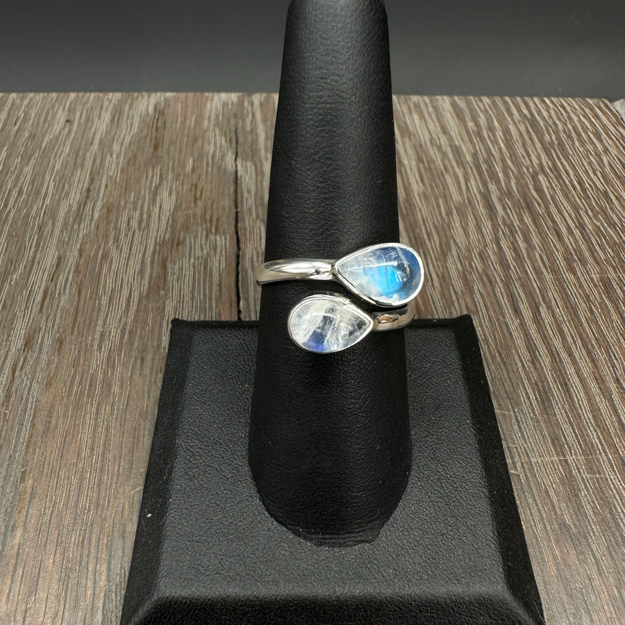 Double moonstone wrap ring - sterling silver